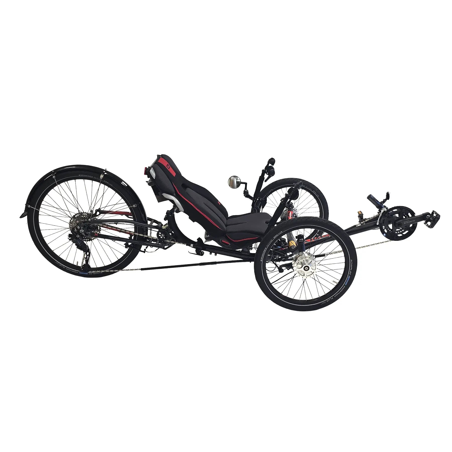 Side view of the ICE Sprint X Tour 26 Shimano Cues 11 Speed Grey Recumbent Trike against a white background.