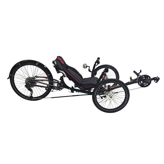 Side view of the ICE Sprint X Tour 26 Shimano Cues 11 Speed Grey Recumbent Trike against a white background.