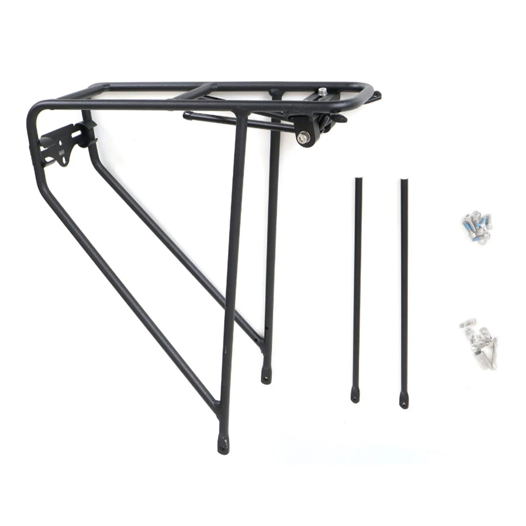 Side view of the ICE 20 Inch Rigid Rear Rack in black with mounting hardware against a white background.