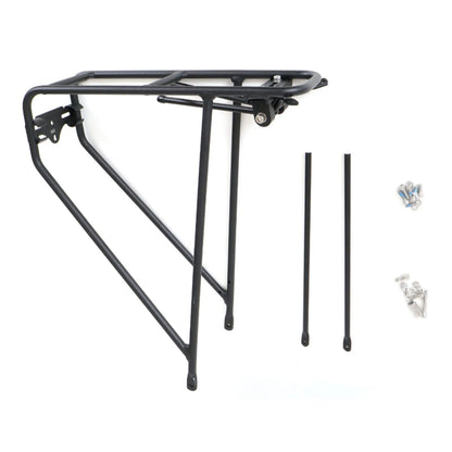 Side view of the ICE 20 Inch Rigid Rear Rack in black with mounting hardware against a white background.