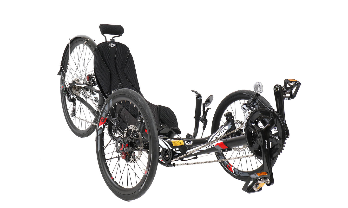 Front quarter view of the ICE VTX Black Recumbent Trike, shown on a white background.