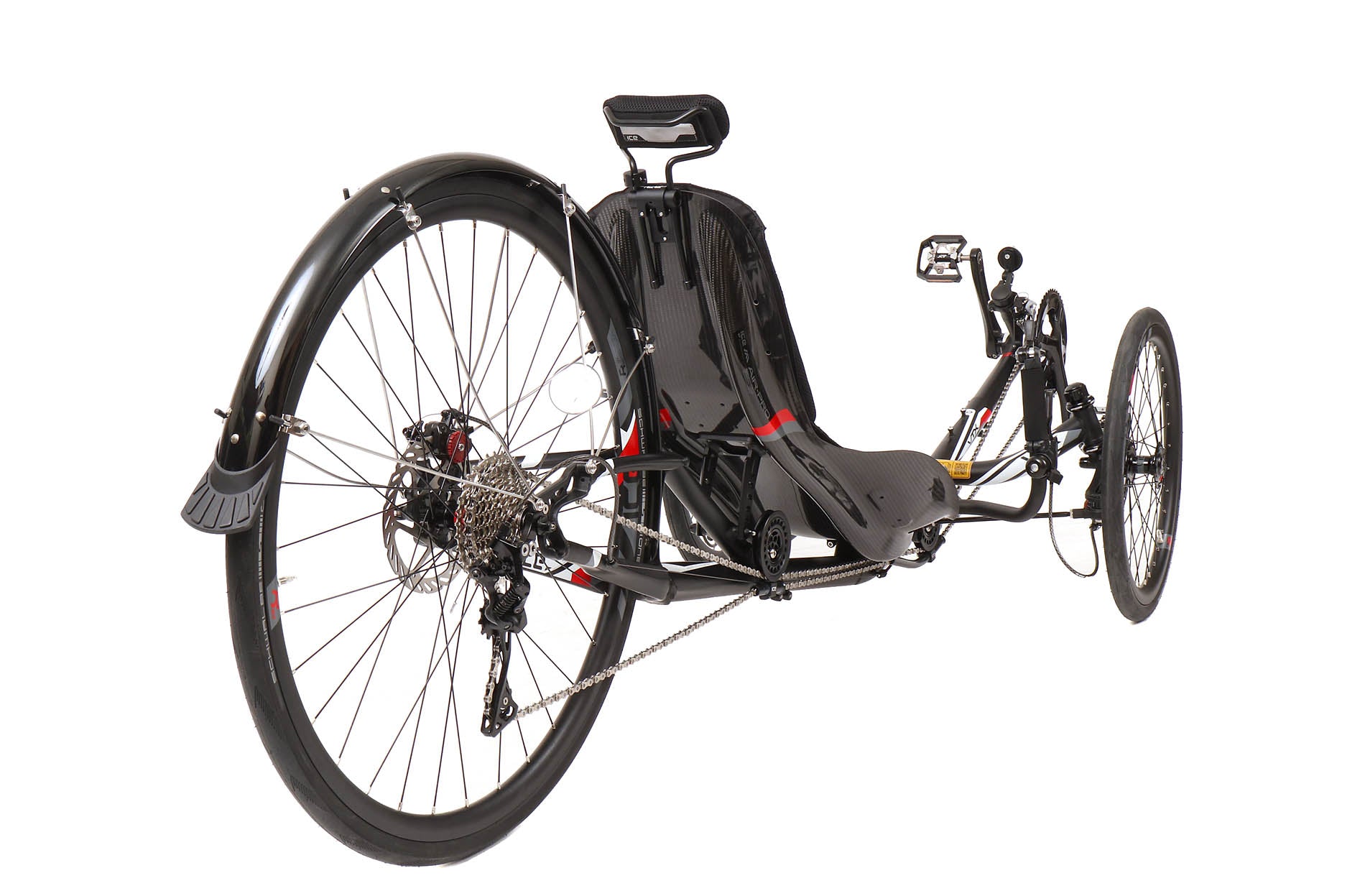 Rear quarter view of the ICE VTX Black Recumbent Trike, shown on a white background.