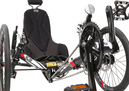 Front detail view of the ICE VTX Black Recumbent Trike, shown on a white background.