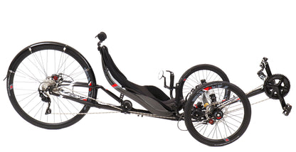 Side view of the ICE VTX Black Recumbent Trike, shown on a white background.