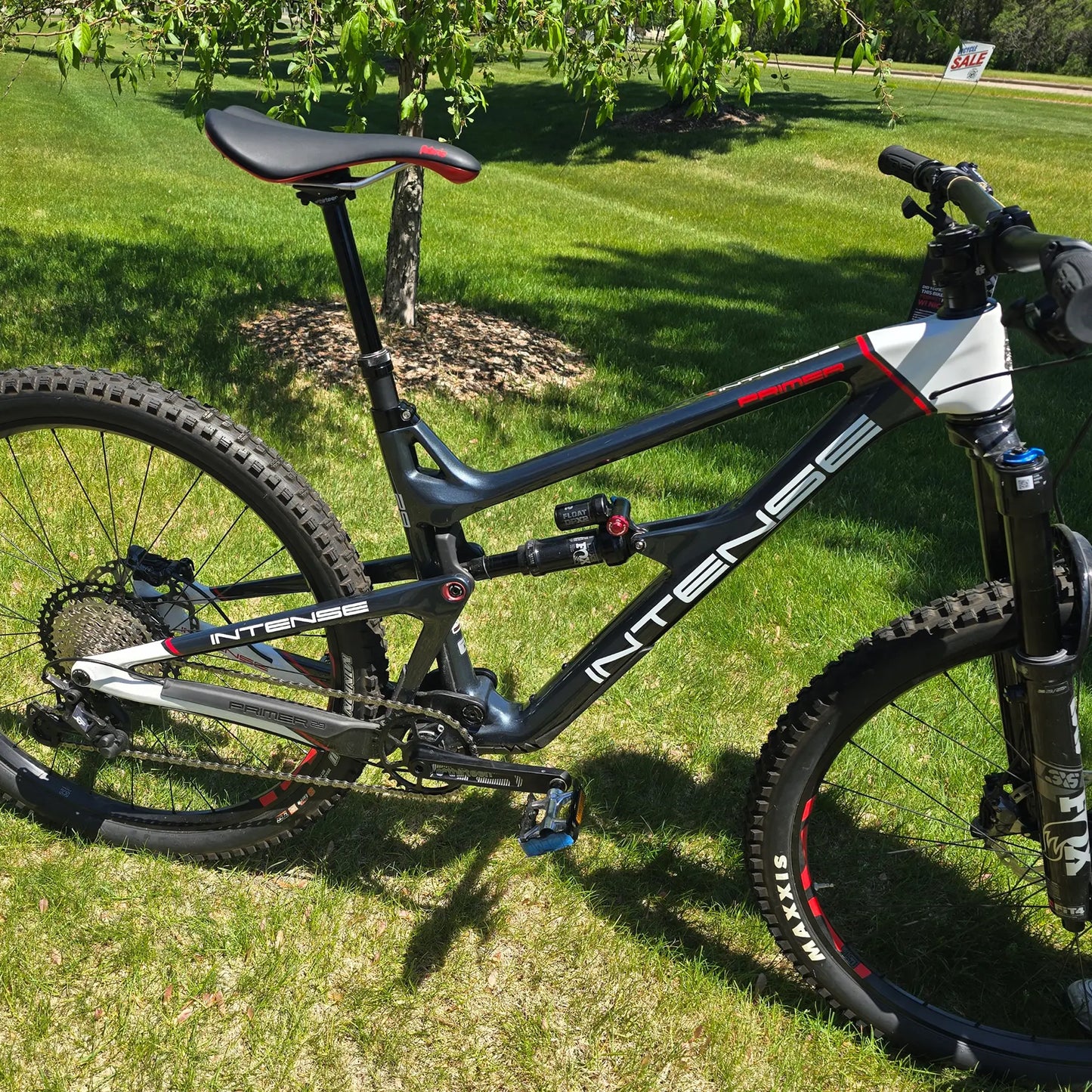 Side view of the INTENSE Primer 29 Pro Midnight Grey-White in an outdoor setting.