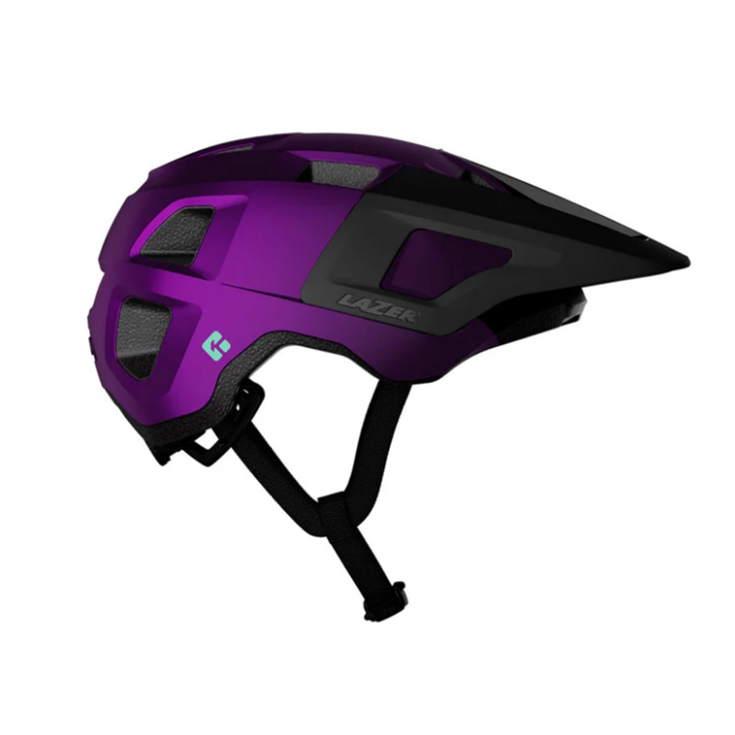 Side view of the Lazer Finch Kineticore Youth Bike Helmet in Matte Metallic Purple Black with an adjustable strap against a white background.