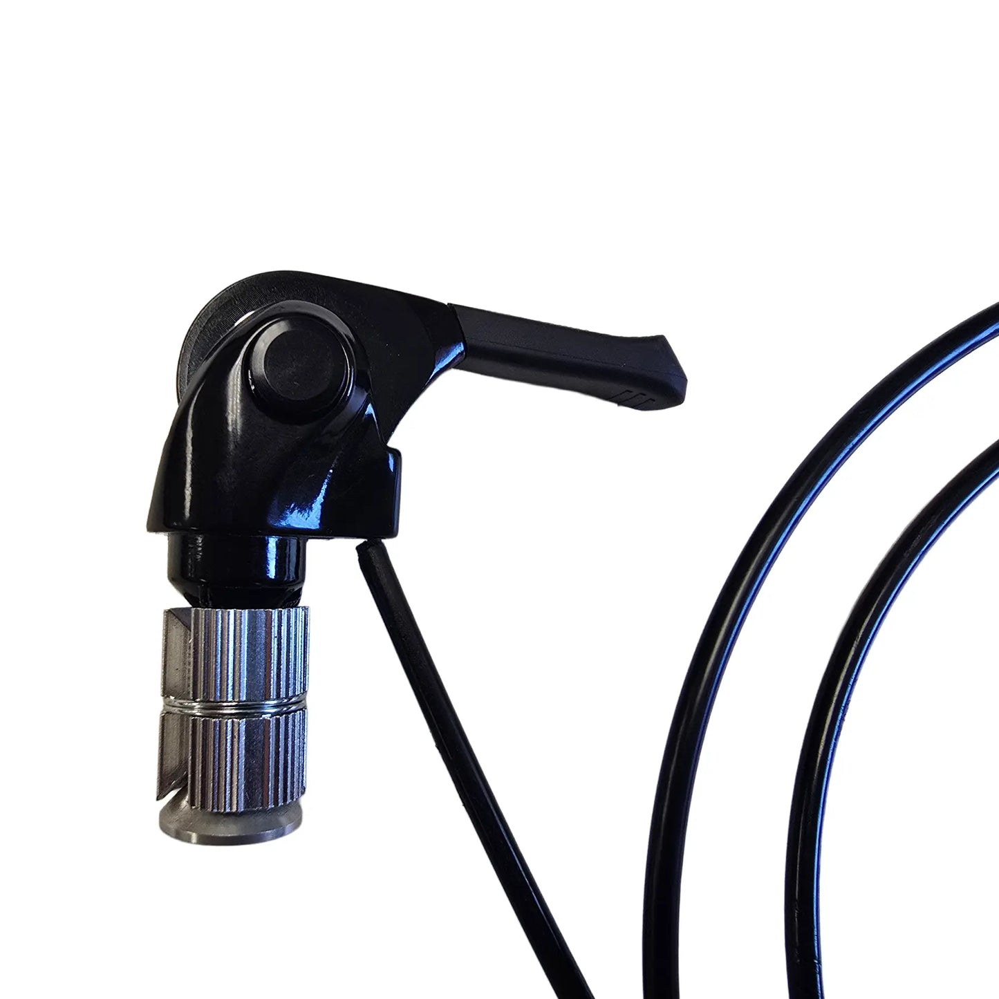 Closeup view of the microShift Take Off 2-3 Speed Front Bar End Shifter in black against a white background.