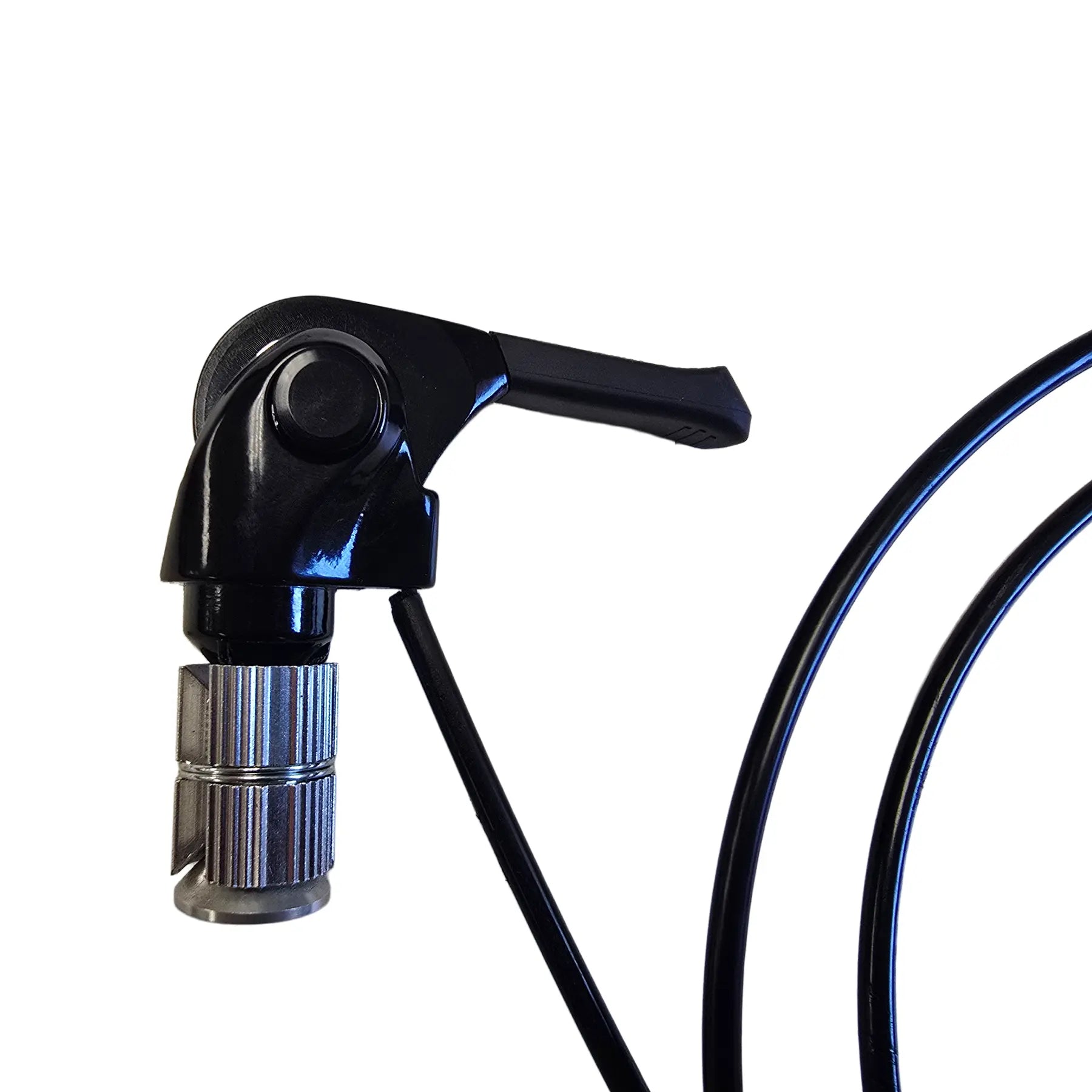 Closeup view of the microShift Take Off 2-3 Speed Front Bar End Shifter in black against a white background.