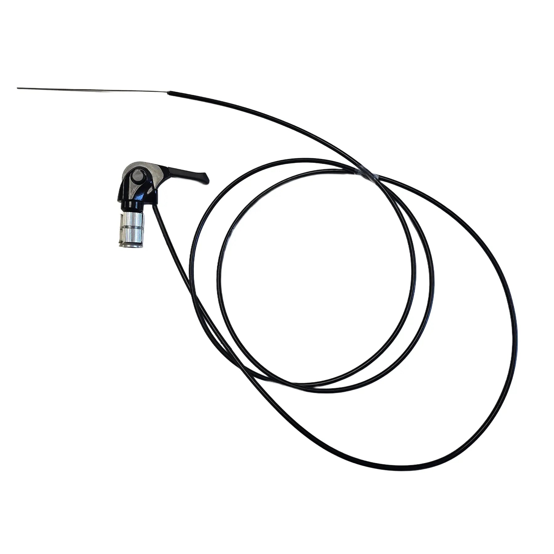 View of the microShift Take Off 2-3 Speed Front Bar End Shifter in black with shift housing and cable against a white background.