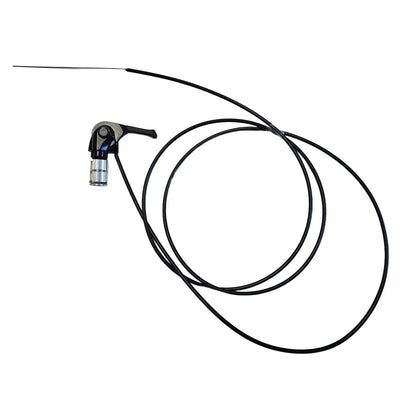View of the microShift Take Off 2-3 Speed Front Bar End Shifter in black with shift housing and cable against a white background.