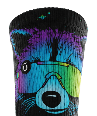 Top cuff of black sock printed with a racoon head in blue, purple and teal wearing yellow sunglasses. Circular black patch with white Outway logo on top third of cuff.
