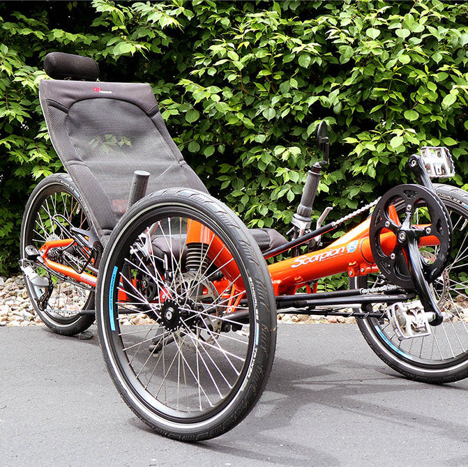HP Velotechnik trike on a paved path with greenery in the background.