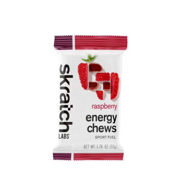 Skratch Labs Raspberry energy chews package on a white background