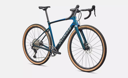 Front right profile view of blue Specialized Diverge Sport road bicycle with brown sidewall tires on a white background.