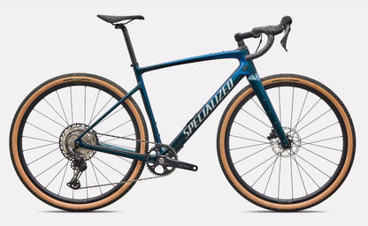 Right profile view of blue Specialized Diverge Sport road bicycle with brown sidewall tires on a white background.