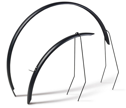 Black bicycle fender set against a white background.