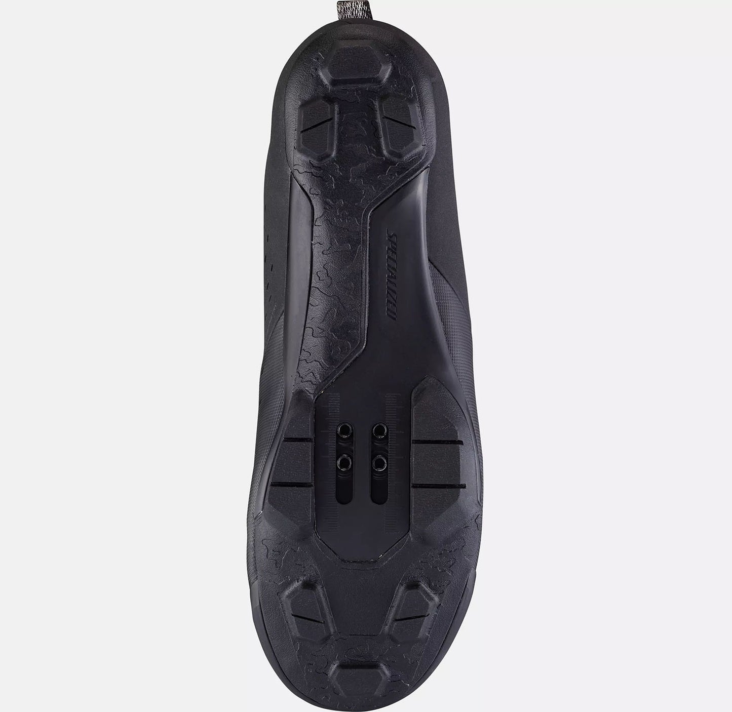 Bottom view of the Specialized Recon 1.0 Mountain Bike Shoes in black, shown on a white background.