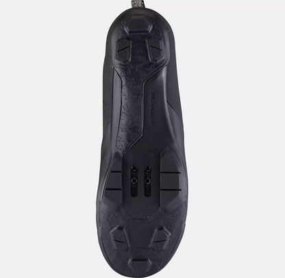 Bottom view of the Specialized Recon 1.0 Mountain Bike Shoes in black, shown on a white background.