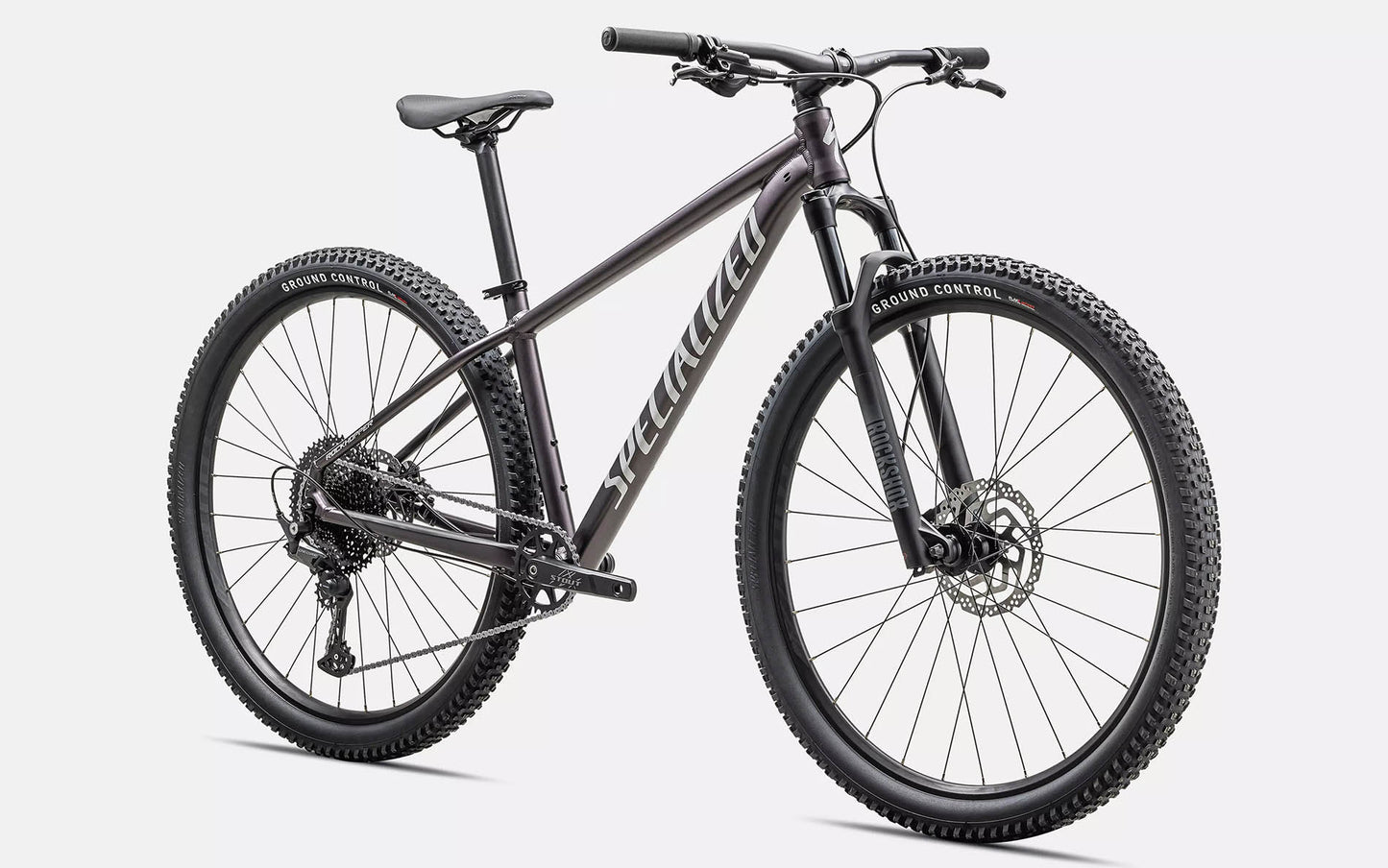 Front quarter view of the Specialized Rockhopper Comp 29 Mountain Bike in Nebula Metallic / Dolomite Metallic, shown on a white background.