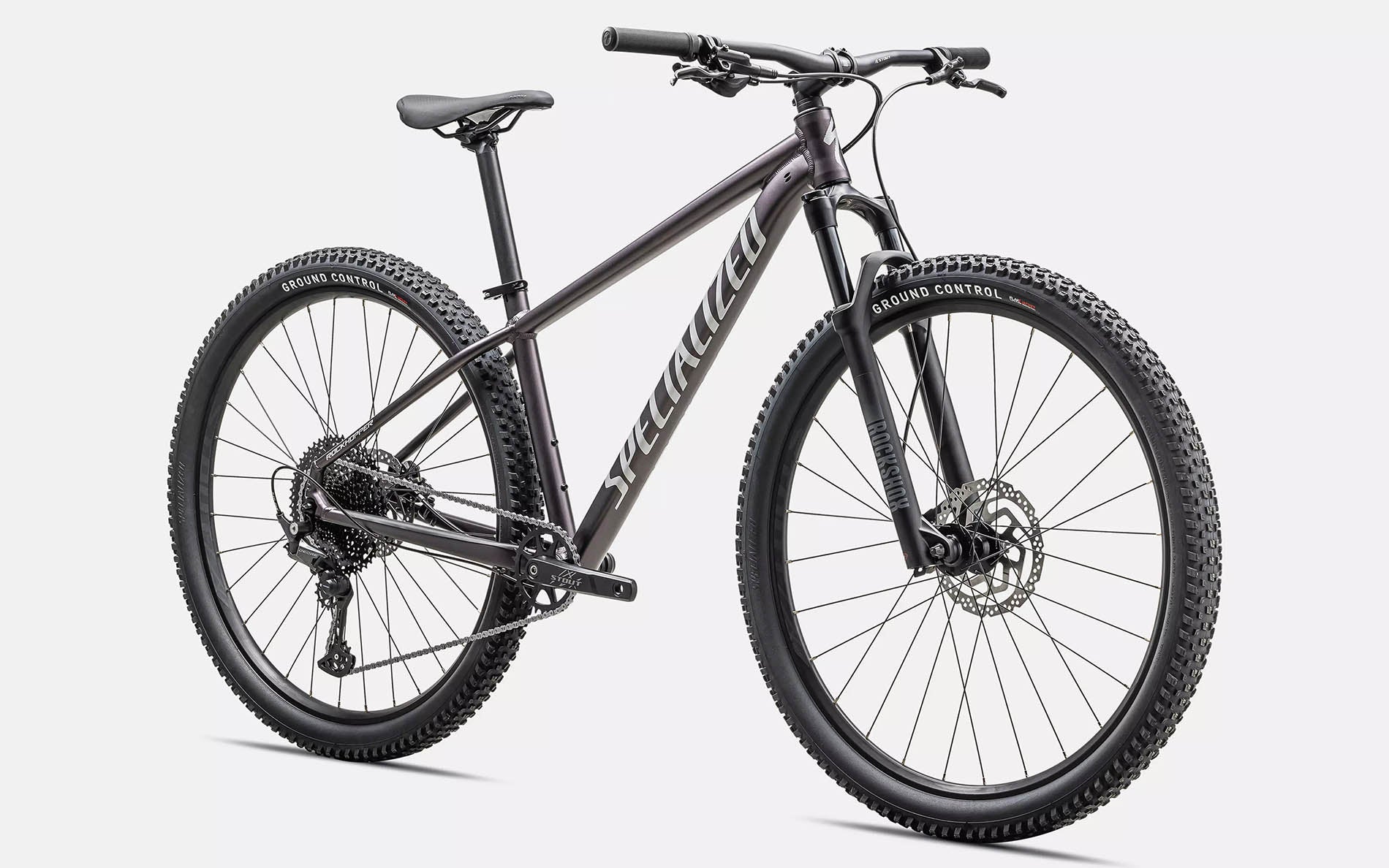 Front quarter view of the Specialized Rockhopper Comp 29 Mountain Bike in Nebula Metallic / Dolomite Metallic, shown on a white background.