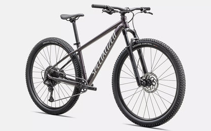 Front quarter view of the Specialized Rockhopper Comp 29 Mountain Bike in Nebula Metallic / Dolomite Metallic, shown on a white background.