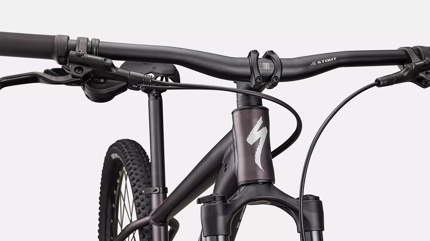Front detail view of the Specialized Rockhopper Comp 29 Mountain Bike in Nebula Metallic / Dolomite Metallic, shown on a white background.