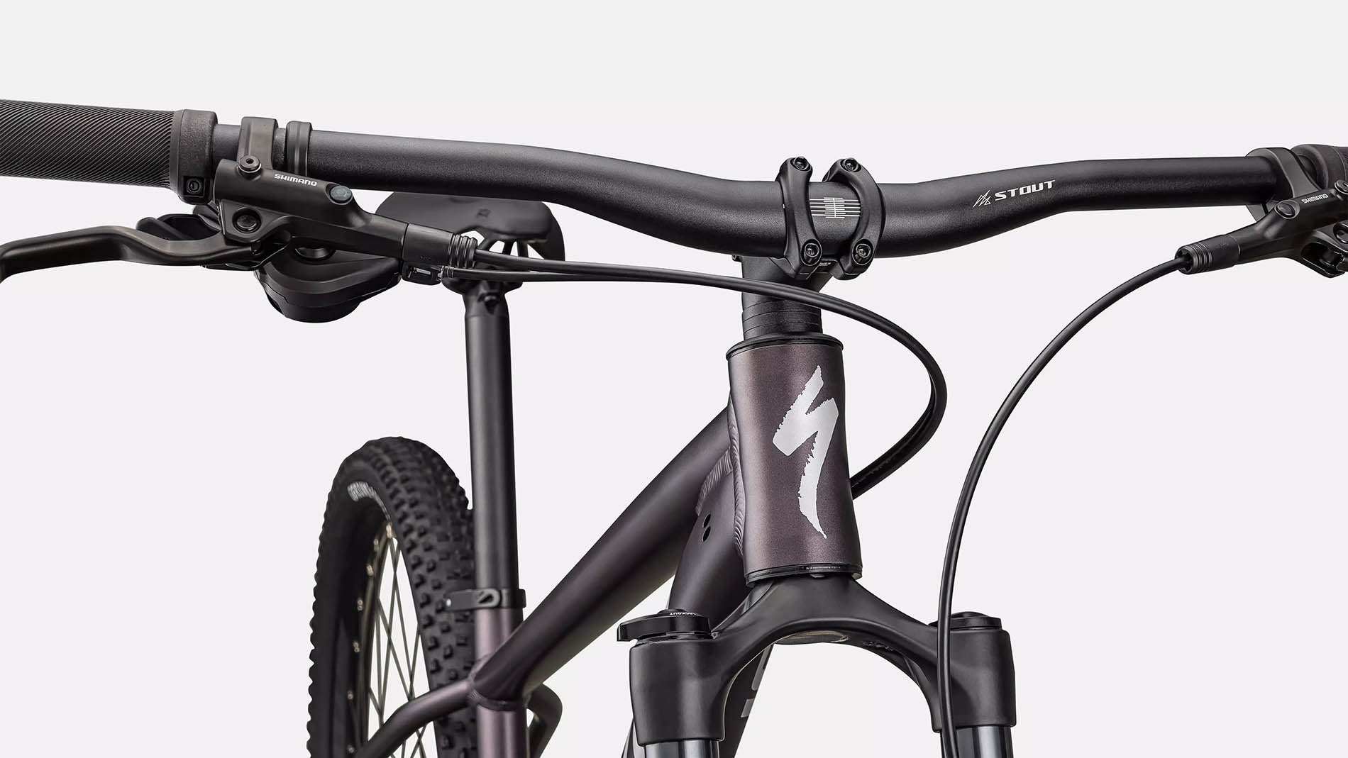 Front detail view of the Specialized Rockhopper Comp 29 Mountain Bike in Nebula Metallic / Dolomite Metallic, shown on a white background.