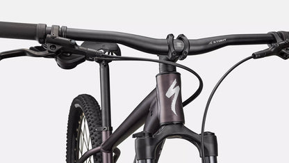 Front detail view of the Specialized Rockhopper Comp 29 Mountain Bike in Nebula Metallic / Dolomite Metallic, shown on a white background.