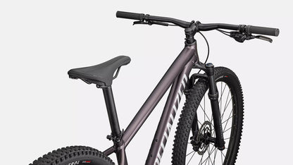 Cockpit view of the Specialized Rockhopper Comp 29 Mountain Bike in Nebula Metallic / Dolomite Metallic, shown on a white background.