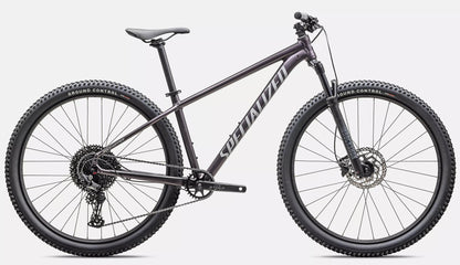Side view of the Specialized Rockhopper Comp 29 Mountain Bike in Nebula Metallic / Dolomite Metallic, shown on a white background.