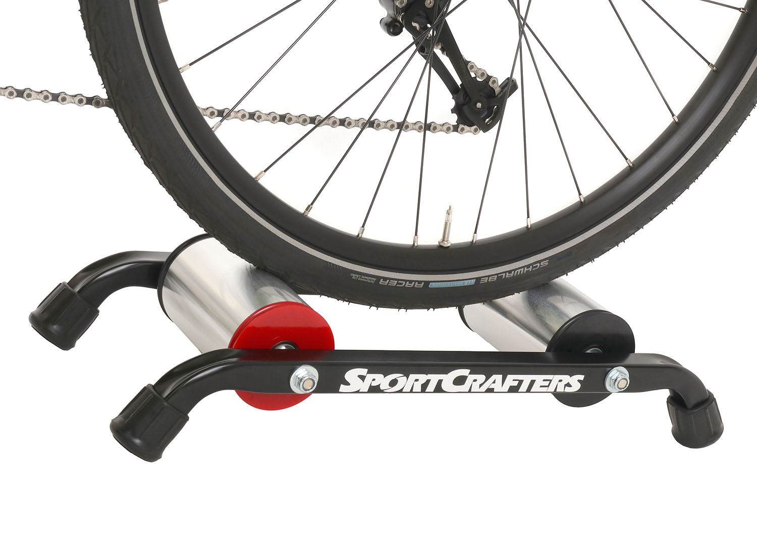This is a side view of the SportCrafters Trike Trainer Overdrive, shown with a trike mounted, on a white background.