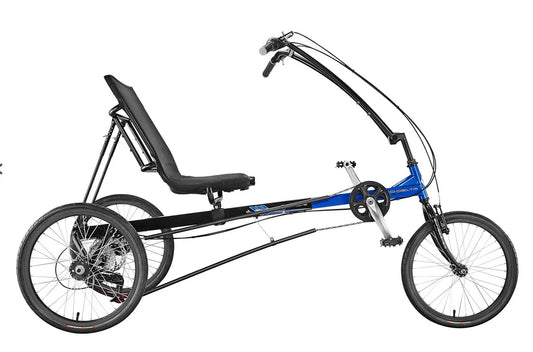 Side view of the Sun Seeker Eco Delta SX 7 speed recumbent trike with a black (back half) and blue (front half) frame, adjustable seat and over-seat handlebars.  