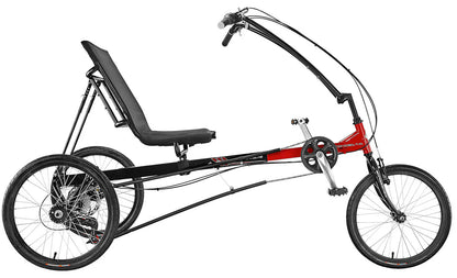 Side view of the Sun Seeker Eco Delta SX 7 speed recumbent trike with a black (back half) and red (front half) frame, adjustable seat and over-seat handlebars.  