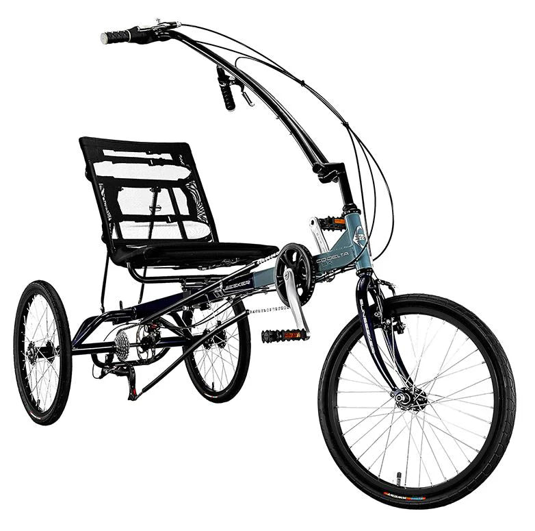 Angled image of the Sun Seeker Eco Delta SX 7 speed recumbent trike with a blue (back half) and grey (front half) frame, adjustable seat and over-seat handlebars.  