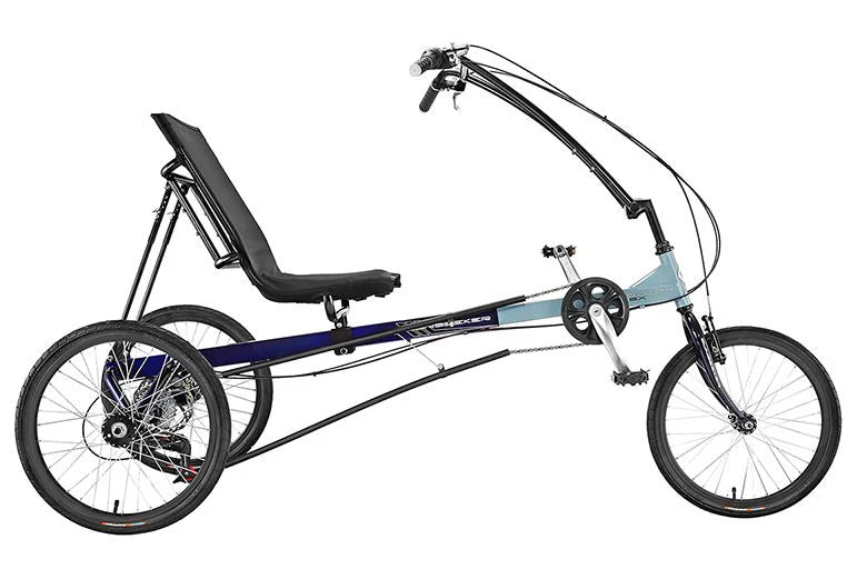 Side view of the Sun Seeker Eco Delta SX 7 speed recumbent trike with a blue (back half) and grey (front half) frame, adjustable seat and over-seat handlebars.  