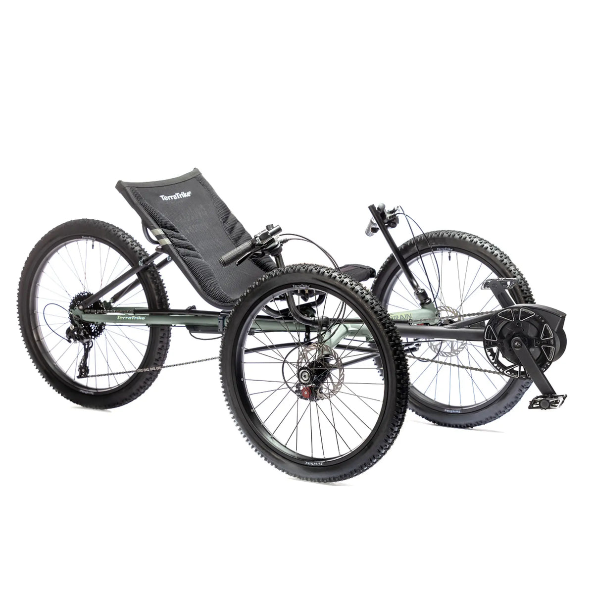 Angled side view of the TerraTrike All Terrain Graphite Grey e-Plus Recumbent Trike against a white background.