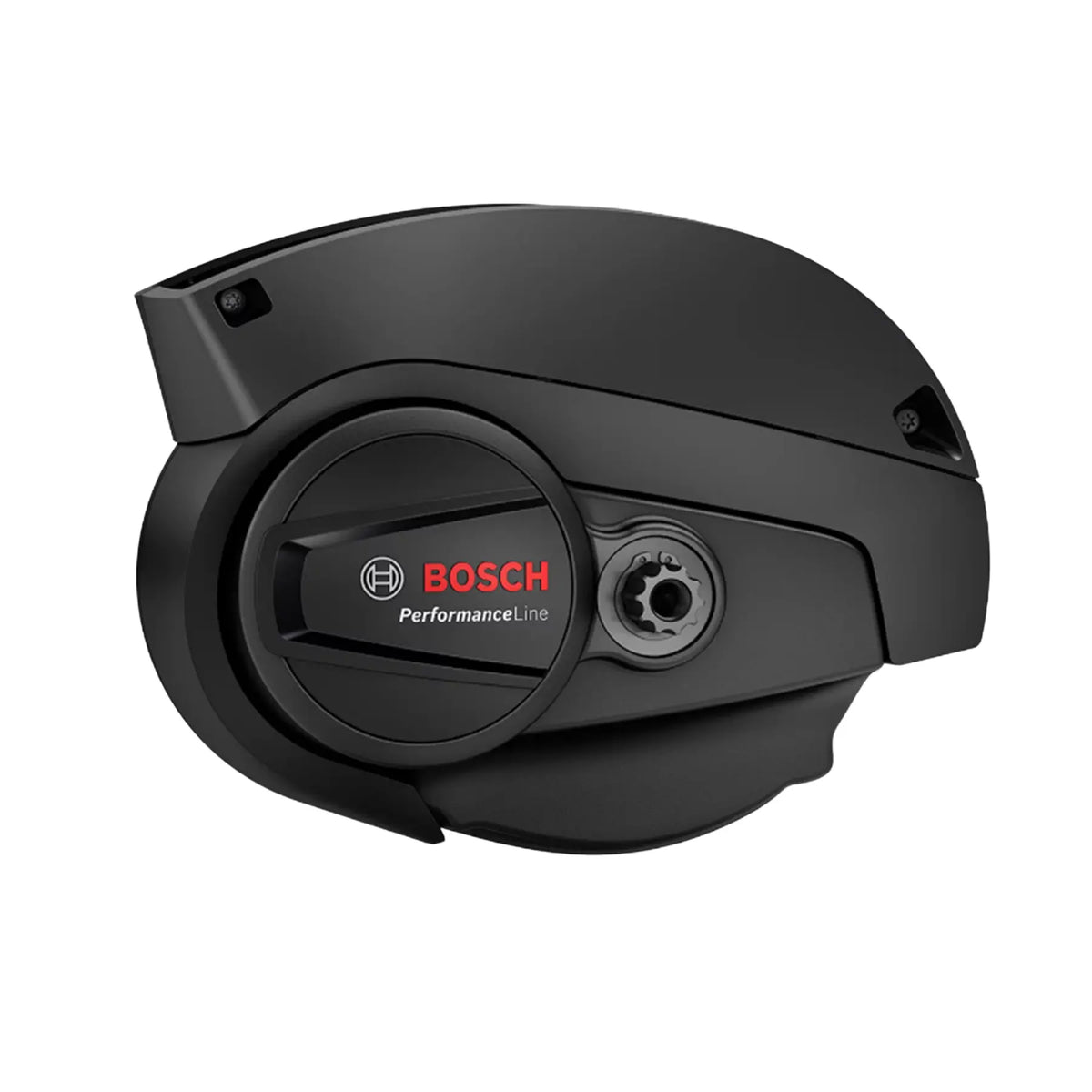 A black Bosch Performance Line electric bicycle motor component, shown from a three-quarters perspective on a solid white background.