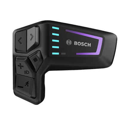 A Bosch controller with a black plastic body, featuring illuminated cyan LED indicators, a purple accent line, and the white Bosch logo on a clean white background.