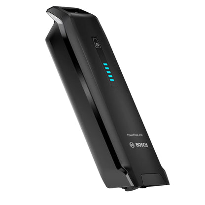 A black Bosch PowerPack 400 portable battery pack with a digital battery level indicator showing blue lights, set against a plain white background.