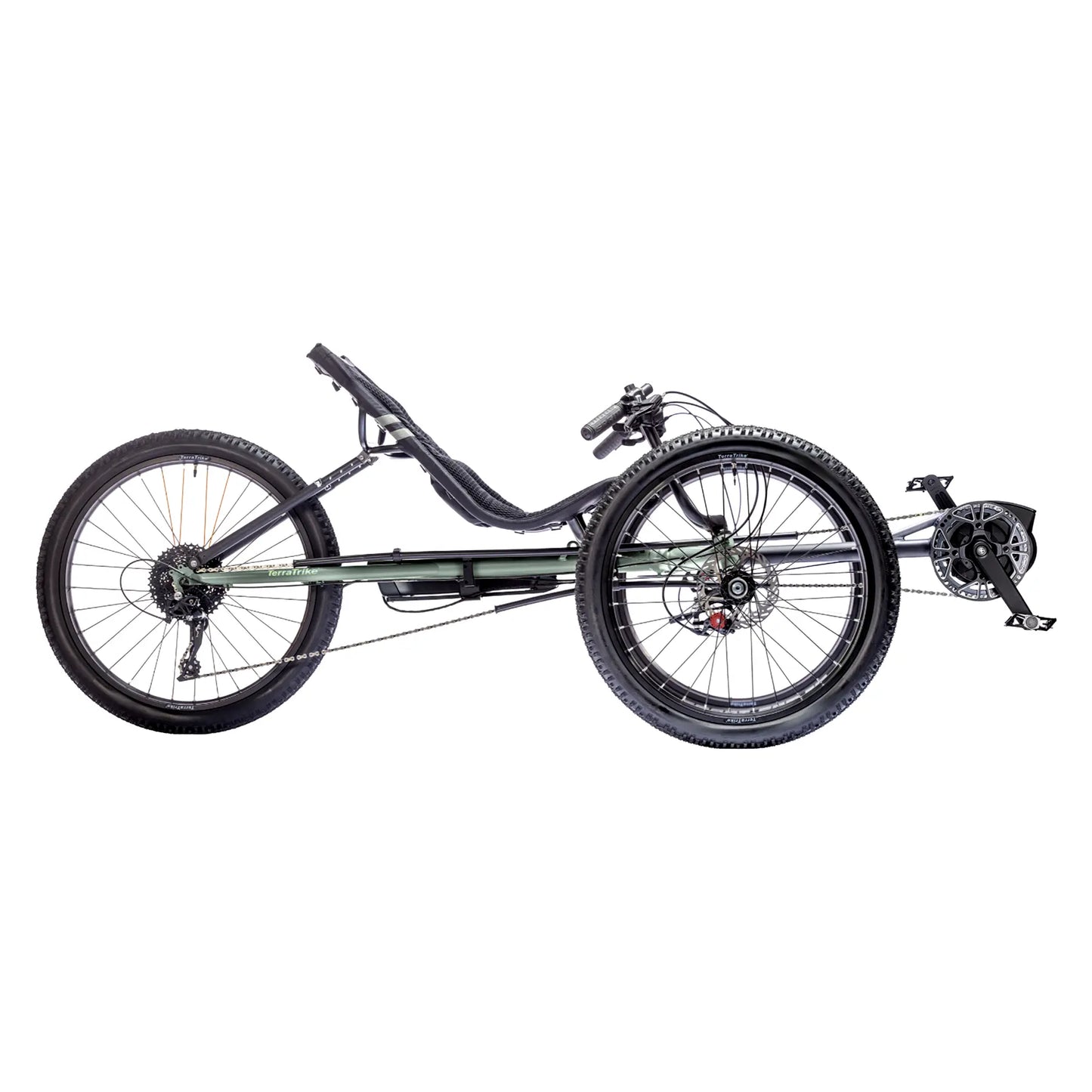 Side view of the TerraTrike All Terrain Graphite Grey e-Plus Recumbent Trike against a white background.
