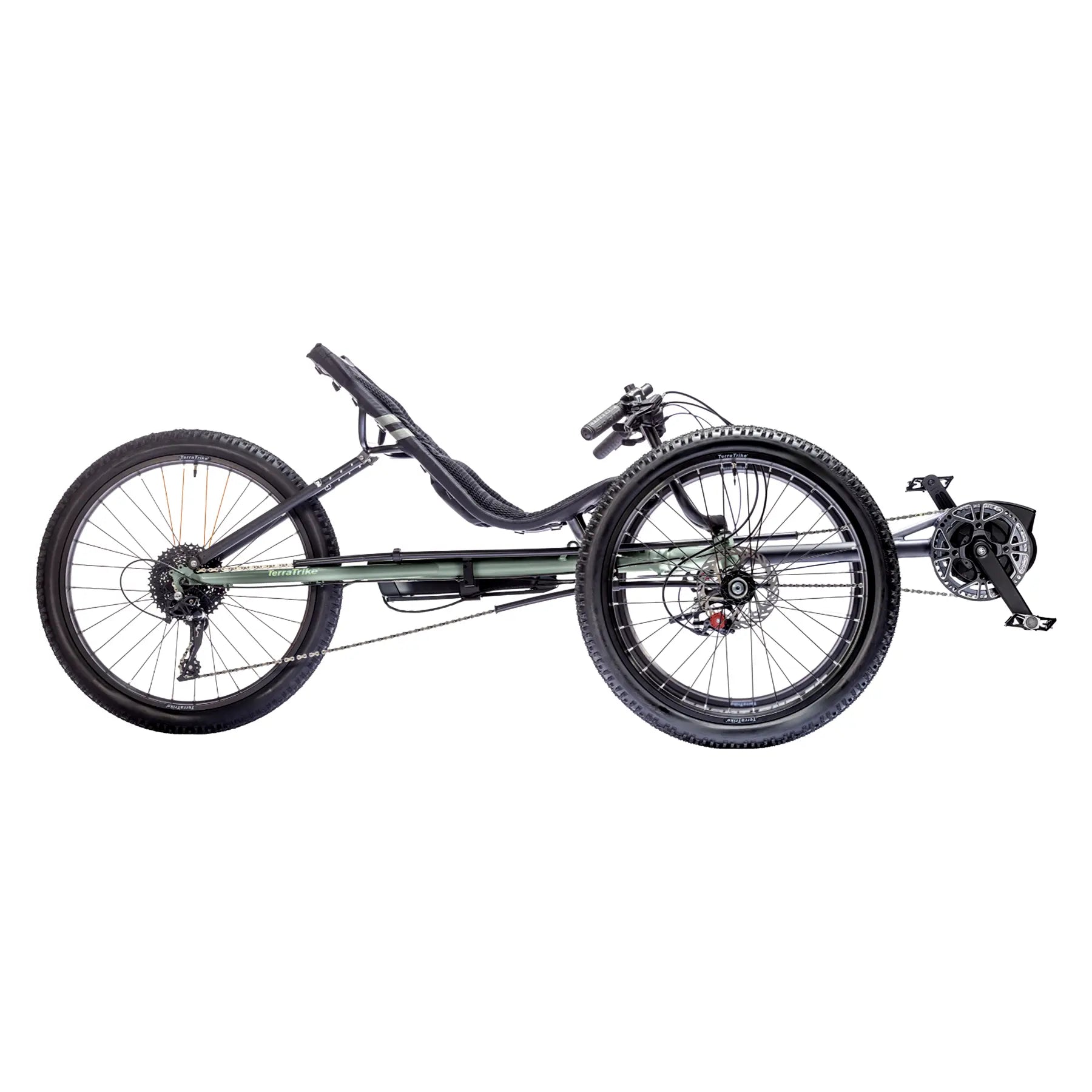 Side view of the TerraTrike All Terrain Graphite Grey e-Plus Recumbent Trike against a white background.