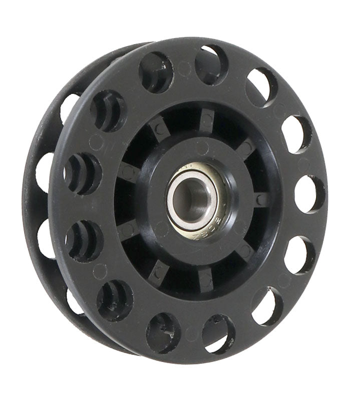 Back angled view of the TerraTrike Deluxe 13 Tooth Idler in black with bearing against a white background.