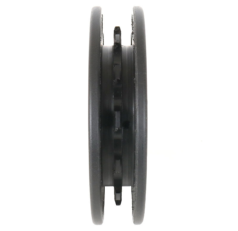 Side view of the width of TerraTrike Deluxe 13 Tooth Idler in black with tooth profile against a white background.