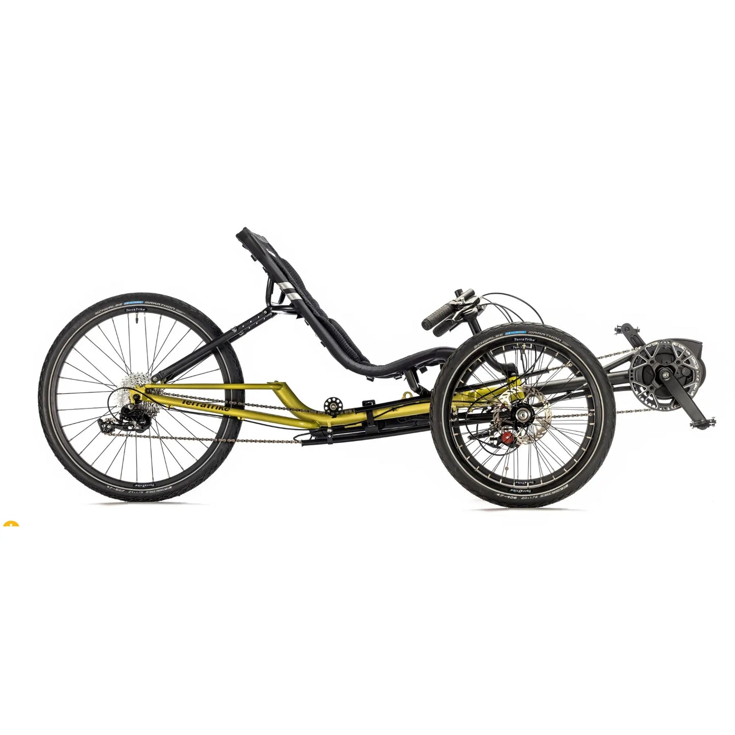 Side view of the TerraTrike E.V.O. Proton Green Recumbent Trike against a white background.