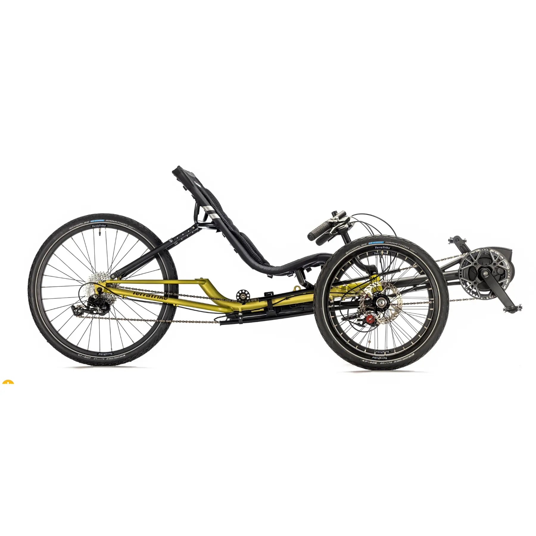 Side view of the TerraTrike E.V.O. Proton Green Recumbent Trike against a white background.