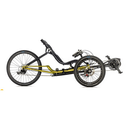 Side view of the TerraTrike E.V.O. Proton Green Recumbent Trike against a white background.
