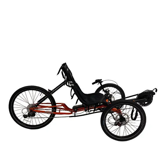 Side view of the TerraTrike Gran Tourismo e-Plus Flame On Recumbent Trike against a white background.