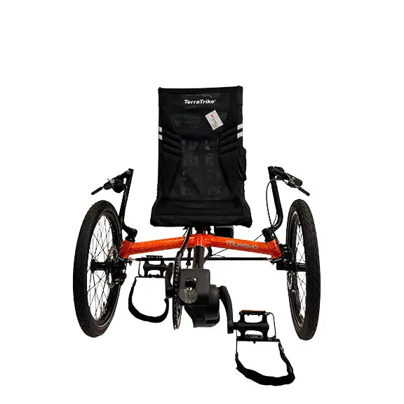 Front view of the TerraTrike Gran Tourismo e-Plus Flame On Recumbent Trike against a white background.