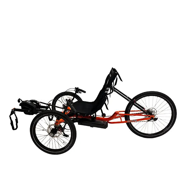 Non-drive side view of the TerraTrike Gran Tourismo e-Plus Flame On Recumbent Trike against a white background.