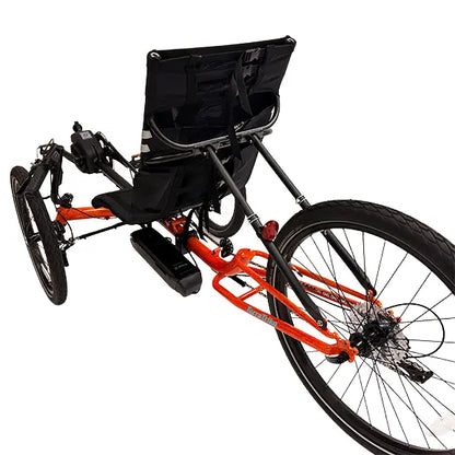 Angled rear view of the TerraTrike Gran Tourismo e-Plus Flame On Recumbent Trike against a white background.